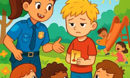Officer Paula, a smiling policewoman, stands in a sunny park wearing a bright blue uniform and a shiny badge. With her brown hair tied in a ponytail and sparkling eyes, she leans towards a group of children. Max, an 8-year-old boy with messy blonde hair, stands beside her looking worried, arms crossed and staring at the ground. He wears a red t-shirt and blue shorts, holding a small game card. The park is lush with leafy trees, colorful flowers, and a bright red slide in the background. Children are playing around, laughing and running. Officer Paula explains to the children how to solve the mystery of Max's red scooter, while the others listen attentively, their faces curious and excited.