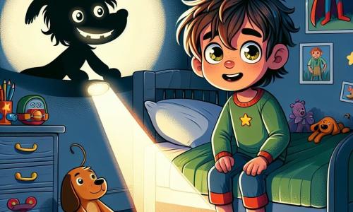 Un băiat de 10 ani, Andrei, cu părul castaniu și ochii plini de curiozitate, stă pe patul său, înconjurat de jucării colorate. Fața lui exprimă o ușoară ezitare, dar și o strălucire de entuziasm, în timp ce se uită în jurul lui în întunericul camerei. Lângă el, o umbră prietenoasă ia formă, reprezentând umbra unui câine imaginar, cu urechi mari și o coadă care se agită, gata de joacă. Într-un colț al camerei, o fetiță, Maria, de 9 ani, cu părul blond împletit și un zâmbet încurajator, ține o lanternă și luminează camera, creând umbre dansante pe pereți. Camera lui Andrei este decorată cu postere de supereroi și jucării împrăștiate, cu stele lipite strălucitoare pe tavan. Lumina lanternei creează o atmosferă caldă, contrastând cu întunericul din jur. Situația principală îl arată pe Andrei, cu un amestec de frică și determinare, imaginându-și că umbrele din camera sa sunt prieteni gata să-l însoțească într-o aventură magică, în timp ce Maria îl încurajează să-și depășească frica de întuneric.