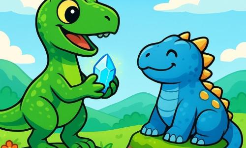 A velociraptor named Rin, with shiny green scales and sparkling curious eyes, stands on a sunny knoll, heart racing with excitement. Surrounded by colorful blooming flowers, he holds a sparkling crystal close to his chest. Beside him, an ankylosaurus named Kiri, with bluish scales and golden plates on his back, smiles gently while sitting on a moss-covered rock, watching Rin kindly. In the background, lush hills rise under a clear blue sky dotted with fluffy white clouds. The scene exudes an atmosphere of camaraderie and magic as Rin and Kiri prepare to share their light with the world.