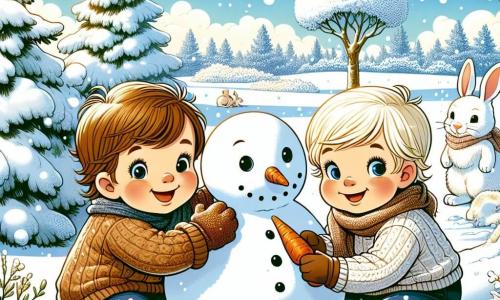 In een winterlandschap zien we Sam, een jongen van bijna 2 jaar met rommelig bruin haar en een stralende glimlach, die samen met zijn vriend Joep, een 2-jarige jongen met blond haar en sprankelende ogen, een sneeuwman aan het bouwen is. Joep houdt een wortel vast voor de neus van de sneeuwman. Ze zitten allebei in de sneeuw, omringd door zacht vallende sneeuwvlokken. Achter hen kijkt een klein wit konijn nieuwsgierig toe, met zijn grote oren rechtop, verstopt achter een besneeuwde struik. De achtergrond is een betoverd bos, waar de bomen bedekt zijn met een dikke laag sneeuw en de grond glinstert onder de winterzon. De lucht is helderblauw, met donzige wolken. De hoofdscène toont Sam en Joep, vrolijk en geconcentreerd, terwijl ze hun sneeuwpop tot leven brengen, terwijl het konijn nieuwsgierig toekijkt.