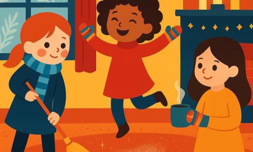 There are 3 characters: - A girl named Marnie, aged 6, with cheeks red like apples, wearing a blue striped scarf. She holds a broom and stands on the left of the image. - A girl named Dot, aged 6, with curly hair and a mischievous smile, wearing colorful mittens. She is in the center, skipping joyfully. - A girl named June, aged 6, with smooth hair and thoughtful eyes, holding a steaming cup of cocoa. She is on the right, looking at the others with a gentle smile. The setting is a warm and welcoming room, with a large plush rug on the floor, a frosted window with fern-like ice patterns, and a mantelpiece decorated with small twinkling candles. The soft candlelight reflects on the walls, creating a magical atmosphere. The main situation shows the three girls sweeping the floor together, revealing a trail of silver dust that shines like stars. A small breeze plays with a colorful ribbon, and a tiny door in the baseboard is ajar, revealing a golden glow. The girls are focused and joyful, working together in an atmosphere of magic and camaraderie.
