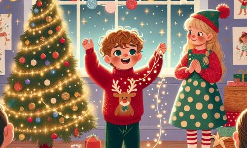 A 1-year-old boy with curly brown hair and sparkling joyful eyes is smiling and clapping his hands, filled with excitement for Christmas. He is wearing a red sweater with a reindeer pattern and velvet pants. Next to him, a 5-year-old girl with braided blonde hair and a cute Christmas hat is looking at the boy with an encouraging smile. She is wearing a green dress with white polka dots and holding a string of lights in her hands. The scene takes place in a classroom decorated for Christmas, with a large sparkling tree in the center, surrounded by colorful garlands and shiny ornaments. Paper stars are hanging from the ceiling, and children's drawings decorate the walls. In the main situation, the little boy and girl, with the help of their teacher, Miss Joy, are trying to lift a fallen Christmas tree, their faces radiant with enthusiasm and determination.