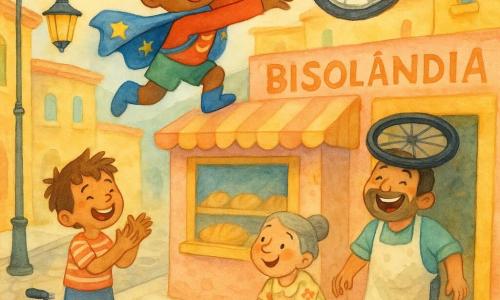 Super Tico: rosto redondo e sorridente, cabelos laranja despenteados, capa azul com estrelas, no telhado da pequena padaria esticando os braços para pegar uma roda de bicicleta; Zé: cerca de 8 anos, cabelos castanhos, roupa listrada, aplaudindo e rindo na calçada com a bicicleta meio guardada; dona Carminda: cerca de 65 anos, cabelo grisalho preso, vestido florido, segura um carrinho com laranjas que rolam; o padeiro: cerca de 40 anos, avental branco enfarinhado, com uma roda de bicicleta na cabeça como chapéu, sai rindo da padaria; rua colorida de RisoLândia com casas em tons pastel, calçamento de pedras arredondadas, vitrine de padaria e um lampião com um pássaro; cena animada e engraçada, cores vivas e textura aquarelada, atmosfera alegre e lúdica.