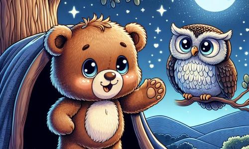 Een kleine teddybeer met zachte, bruine vacht en ronde, nieuwsgierige ogen staat aan de rand van zijn knusse hol onder een grote eik. Hij heeft een uitdrukking van verwondering en angst terwijl hij naar de sterrenhemel kijkt. Naast hem zit een grote uil met zilveren veren en wijze ogen, zittend op een tak, die warm glimlacht en een gevoel van troost en veiligheid uitstraalt. De nachtelijke lucht is bezaaid met fonkelende sterren en de maan verlicht zachtjes het landschap, waardoor een magische en rustgevende sfeer ontstaat. De beer, hoewel nerveus, is bereid om zijn angsten onder ogen te zien, terwijl de uil hem aanmoedigt om de schoonheid van de nacht te verkennen.
