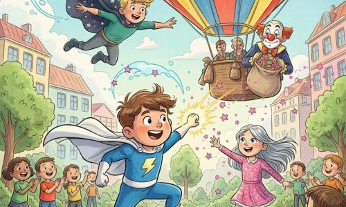 Bliksemman, ongeveer 8 jaar, rond gezicht, warrig bruin haar, vastberaden glimlach, draagt een witte zwierige cape en een elektrischblauw pak; hij springt rennend naar een grote gestreepte heteluchtballon en schiet gele-blauwe vonken uit zijn handen; Vliegende Vriend, ongeveer 9 jaar, kort blond haar en een donkere sterrendcape, vliegt boven de ballon met open armen; Sterrenmeisje, ongeveer 8 jaar, lang zilverachtig haar en een roze glinsterjurk, staat op de grond en laat een regen van kleine roze sterren neer die de aandacht trekken terwijl ze zacht glimlacht; de clown Vooruit de Vreselijke, volwassen, geschminkt gezicht met grote rode neus en verbaasde maar zachte blik, staat bij de mand rechtsboven met een grote zak kleurrijke snoepjes; scène in een zonnig park met groene grasvelden, bloemen, een stenen pad, gestileerde bomen en pastelkleurige gevels op de achtergrond, de ruime gestreepte ballon vult de lage hemel; hoofdactie: een vrolijke, lichte confrontatie waarin de drie jonge helden hun krachten—elektrische blauwe bliksems en regen van roze sterren—samen gebruiken om de clown zonder geweld te stoppen terwijl verzamelde kinderen applaudisseren; stijl: gekleurde inkt, strakke lijnen, lichte aquareltexturen, felle contrasterende kleuren en compositie gericht op de ballon en de beweging van de personages.