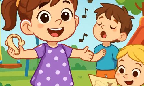 A 6-year-old girl with sparkling eyes and a radiant smile wears a purple polka dot dress and shiny shoes. She stands with her arms open, full of joy and pride, holding her hearing aid in one hand. Next to her, a 6-year-old boy with messy brown hair and a blue t-shirt sings enthusiastically with his eyes closed, as if on stage. Another character, a 6-year-old girl with braided blonde hair in a pink dress, is reading a treasure map, focused and smiling, while pointing to a hidden clue. The setting is a sunny playground with colorful swings, a bright red slide, and lush green trees in the background. The children are surrounded by laughter and excitement, ready for a treasure hunt. The main scene shows the happy girl sharing her experience and pride in using her hearing aid while enjoying a joyful moment with her friends.