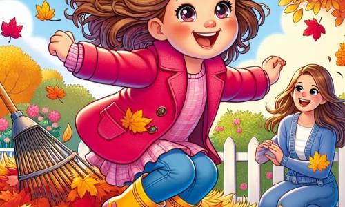 A 4-year-old girl named Emma, with curly brown hair and sparkling eyes, joyfully jumps into a large pile of brightly colored autumn leaves: red, yellow, and orange. She wears a pink coat and yellow rubber boots. Next to her, her mother, a woman in her thirties with long, smooth hair, laughs while holding a leaf rake, dressed in a blue sweater and jeans, standing slightly back and watching her daughter with affection. The garden is filled with trees with golden leaves, and the sky is a clear blue, dotted with fluffy white clouds. In this scene, Emma enjoys jumping in the leaves, creating a colorful cloud around her, while her mother smiles, savoring this joyful and warm autumn moment.