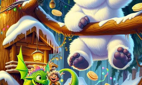 Ein fröhlicher und schelmischer Yeti mit weißem, flauschigem Fell tanzt auf einem großen Baum, seine großen, pfannkuchenähnlichen Füße schwingen in der Luft. Er hat funkelnde, schelmische Augen und ein breites Lächeln, das sein Gesicht erhellt. Neben ihm bläst ein grüner Drache namens Bubblo mit glänzenden Schuppen und runden Augen bunte Blasen, die um sie herum schweben und eine magische Atmosphäre schaffen. Darunter lacht ein kleines Mädchen von 8 Jahren, Kiki, mit lockigem Haar und einem bunten Kleid, während sie versucht, die Blasen zu fangen. Die Szenerie ist ein Baumdorf mit Holzhäusern, die mit Lichtern geschmückt sind, und Bambuszweigen, die im Wind tanzen. Die Szene zeigt den Yeti, der fröhlich tanzt, während die Blasen um sie herum platzen und die Luft mit Lachen und strahlenden Farben füllen.