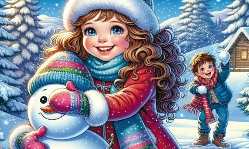 Ein 11-jähriges Mädchen, Annika, mit langen lockigen Haaren und einem strahlenden Lächeln, baut einen Schneemann. Sie trägt einen leuchtend roten Mantel, eine Wollmütze und bunte Handschuhe, und ihr Gesicht strahlt Freude aus. Neben ihr wirft ihr 8-jähriger Bruder Max, mit kurzen zerzausten Haaren, lachend eine Schneeball, gekleidet in eine blaue Jacke und einen gestreiften Schal. Die Szenerie ist eine bezaubernde Winterlandschaft mit majestätischen, schneebedeckten Tannen, einem hellblauen Himmel und sanft fallenden Schneeflocken. In der Ferne ist eine kleine Holzhütte zu sehen, umgeben von verschneiten Hügeln. Die Szene zeigt den magischen Moment, in dem Annika und Max gemeinsam ihren Schneemann bauen, was Freude und den Geist des Winters symbolisiert.