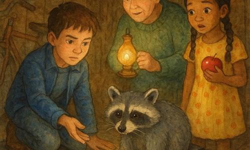 Vier personages: Milan, jongen 10, kort bruin haar, serieus gezicht, blauwe jas, gehurkt links van het midden en reikend naar een plakkerige jampot in een spleet tussen planken; Aïsha, meisje 9, karamelkleurige huid, zwarte vlechten, gele jurk met stippen, rechts van Milan staand met een rode appel als lokaas, nieuwsgierige blik; Oma Noor, vrouw 70, grijs haar in knot, groen gebreide trui, achter Milan iets hoger staand met een olielamp die de scène zacht geel verlicht; een wasbeer met grijze vacht en zwart masker rond de ogen, met plakkerige jam op pootjes, komt schuchter uit een gat tussen planken naar voren. Locatie: binnenin een kleine houten schuur met ruwe planken, gestapelde kisten, een oude roestige fiets, gelabelde glazen potten, stof zichtbaar in schijnsel en jamvlekken op de vloer en een gebroken plank; sfeer warm en licht rommelig. Hoofdgebeuren: ontdekking—de drie mensen kijken verrast en voorzichtig naar de wasbeer die een open jampot in het gat bewaakt; appel als lokaas, lampenhalo, glanzende jamdruppels en slijmerige texturen zichtbaar. Stijl: aquarel met granulatie, zichtbaar getextureerd papier, zachte laveringen en warme kleuren (bruin, rood, groen), licht vervaagde contouren maar scherpe details bij ogen en jam, contrasterend licht tussen schaduw en lampgloed, kleverige texturen op de jam en pootjes.