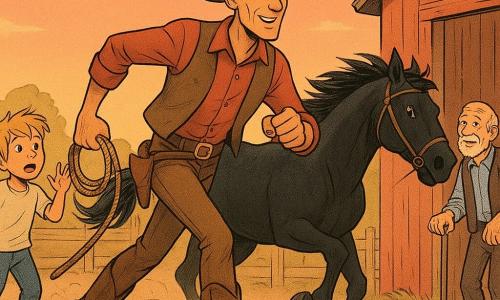 A tall, lanky cowboy with a wide hat and weathered leather boots, determined smile and sun-tanned face, holds a rope and strides forward in action; behind him to the left, Timmy, about 8, blond and awed, raises his arms in applause; to the right near a barn door, Old Man Hargrove, ~70 with a short gray beard, leans on a cane, relieved and grateful; a large glossy black horse gallops alongside, mane flowing and nostrils flared; the setting is a Far West farm at dusk—cracked red wooden barn, light wooden fences, hay bales and an orange-pink sky with early stars; the cowboy and horse charge toward two surprised bandits by the cattle bench, dust rising, dramatic but non-threatening expressions, warm colors, soft comic style with clean lines and textured wood and leather.