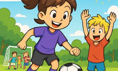 Viola, una ragazza di 10 anni, è al centro dell'immagine, con i capelli castani raccolti in una coda di cavallo e un ampio sorriso sul viso. Indossa una maglietta da calcio viola con pantaloni corti neri e sta dribblando un pallone da calcio sul campo. I suoi occhi brillano di determinazione e gioia. Accanto a lei, Samuele, un ragazzo di 9 anni, la guarda con ammirazione. Ha i capelli biondi disordinati e indossa una grande maglietta rossa. Alza le braccia, pronto a incoraggiare Viola, con un sorriso stupito sul viso. Sullo sfondo, il campo da calcio è vivace, circondato da verde, con linee bianche tracciate sull'erba. I bambini giocano e ridono, creando un'atmosfera gioiosa. Il cielo è blu con alcune nuvole bianche e il sole splende, aggiungendo calore alla scena. La situazione principale mostra Viola in azione, dribblando il pallone con grazia ed energia, mentre i suoi amici la incoraggiano, creando un momento di cameratismo e passione per il calcio.