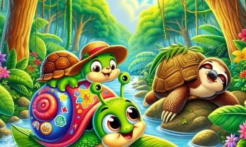 Un caracol llamado Tito, con un caparazón brillante decorado con pegatinas coloridas y una pequeña gorra de béisbol, se desliza alegremente sobre una gran hoja verde, mostrando una sonrisa entusiasta y ojos chispeantes de picardía. A su lado, una tortuga llamada Lola, con un sombrero de paja, lo observa con una expresión decidida, lista para ayudarlo en su aventura. No muy lejos, un perezoso llamado Roco, con los ojos entrecerrados y aspecto somnoliento, está acostado en una rama, despertando lentamente para animarlos. La escena tiene lugar en una jungla exuberante, con árboles gigantes de troncos gruesos, rodeados de flores brillantes y lianas colgantes. Al fondo, un arroyo brillante serpentea entre las rocas, añadiendo un toque de magia al entorno. Tito y sus amigos se preparan para cruzar el arroyo usando grandes hojas como barcos, riendo y divirtiéndose juntos, mientras el sol brilla a través del follaje, creando destellos de luz en esta aventura llena de alegría.