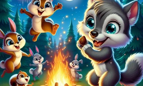 En una noche de luna brillante, un pequeño lobo llamado Lupi, con pelaje gris y ojos llenos de alegría, baila alrededor de una gran fogata iluminada, su rostro radiante de emoción y felicidad. A su lado, una ardilla llamada Susi, con pelaje marrón claro y cola esponjosa, salta de alegría mientras sostiene una nuez, su sonrisa deslumbrante muestra su entusiasmo por la fiesta. Al fondo, conejos de grandes orejas y pelajes blanco y marrón se mueven alegremente, sus ojos brillando de felicidad mientras bailan en círculo alrededor de Lupi. El lugar es un hermoso bosque, lleno de majestuosos árboles de hojas verdes, bajo un cielo estrellado donde fuegos artificiales de colores iluminan la noche. La escena muestra la magia de la celebración de Año Nuevo, con destellos de luz, risas y una atmósfera de camaradería, donde todos los amigos celebran juntos el nuevo año.