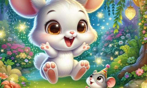Ilustración que representa un pequeño conejo blanco, con grandes orejas suaves y ojos marrones brillantes de alegría. Está saltando de felicidad, sosteniendo una tarjeta brillante con sus patas delanteras, con una gran sonrisa en su rostro. Al lado de él, un pequeño ratón gris, con un sombrero de fiesta colorido y ojos redondos, mira la tarjeta con asombro, su expresión llena de emoción. Se encuentra justo al lado del conejo, listo para acompañarlo en la aventura. El decorado es un hermoso jardín encantado, iluminado por luciérnagas centelleantes, con árboles de hojas multicolores y flores brillantes que bailan al viento. Guirnaldas de flores cuelgan de las ramas, creando una atmósfera festiva. La situación principal muestra al conejo y al ratón descubriendo un mundo mágico donde los animales preparan una gran fiesta de Año Nuevo, llena de risas y alegría. Elementos gráficos adicionales incluyen guirnaldas de flores, estrellas brillantes en el cielo nocturno y pequeños fuegos artificiales que iluminan la escena, añadiendo un toque de magia al conjunto.