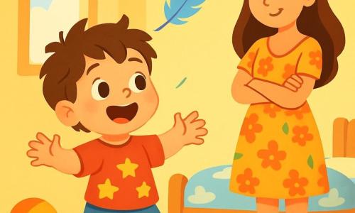 Un bambino di 2 anni, con capelli castani disordinati e grandi occhi pieni di curiosità, si trova al centro dell'immagine, ridendo gioiosamente. Indossa una maglietta rossa con stelle e pantaloni corti blu, mentre segue una piuma blu brillante che fluttua nell'aria. Accanto a lui, sua madre, una donna di circa 30 anni con capelli lunghi e castani, sorride osservandolo con le braccia incrociate, in una postura benevola. Indossa un vestito leggero a fiori e si tiene leggermente in disparte, in un atteggiamento incoraggiante. L'ambiente è una cameretta colorata, con pareti dipinte di giallo pastello, giocattoli sparsi sul pavimento e un letto in legno con lenzuola a motivi di nuvole. Una luce soffusa filtra da una finestra, creando un'atmosfera calda e accogliente. La scena principale mostra il bambino che ride e corre dietro alla piuma magica che volteggia attorno a lui, mentre la madre lo incoraggia con un sorriso, creando un momento pieno di gioia e meraviglia.