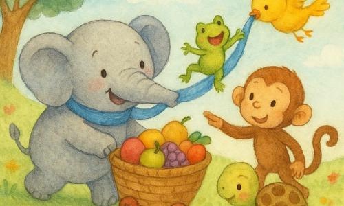 Un elefante gris de cuerpo redondo y grandes orejas sostiene una bufanda azul con la trompa mientras empuja una gran cesta de frutas por una colina; una pequeña rana verde salta en su trompa, un mono marrón con una banana está listo para atrapar la bufanda, una tortuga con gafas y caparazón moteado sobre ruedas rojas rueda detrás y un pájaro amarillo sujeta el extremo de la bufanda volando sobre el grupo; todo ocurre en una colina verde con flores, un gran árbol a la izquierda y un cielo azul pálido, en una escena alegre y animada.