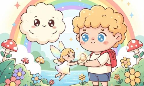 A smiling 4-year-old boy named Leo with curly blond hair, bright blue eyes and a small red backpack holds a tiny sparkling crystal handed to him by a delicate female fairy with translucent rainbow wings; behind him to the left a round pale cloud named Fluffy looks relieved and protective; the scene is a magical garden at the end of a rainbow with star-like multicolored flowers, emerald leaves, spotted mushrooms, golden stone paths and a shimmering river, Leo receiving the magical stone amid sparkling flowers and a vibrant descending rainbow, in a kawaii minimal style with simple shapes, clean lines, soft textures, a vivid pastel palette and warm, gentle lighting.