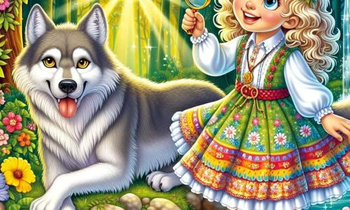 A 6-year-old girl named Lily stands by a sparkling stream, her eyes shining with curiosity and determination. She has curly golden-blonde hair and wears a colorful dress with floral patterns. In her hand, she holds a magnifying glass, ready to explore. Next to her, a big bad wolf with silver fur and golden eyes looks friendly and curious. He sits on his hind legs, gazing at Lily with a gentle smile, as if ready to make a new friend. The setting is an enchanted forest with tall trees, vibrant green leaves, colorful flowers growing around the stream, and sunlight filtering through the branches, creating a magical atmosphere. The main scene shows Lily and the wolf sharing a moment of companionship, with Lily joyfully smiling at the wolf as they prepare to search for berries together, illustrating their new friendship.