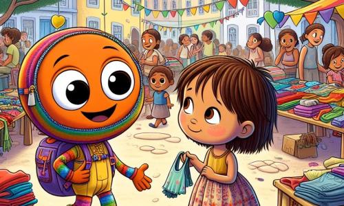Momo, uma pequena mochila sorridente com alças coloridas e olhos brilhantes, está no centro da cena, irradiando alegria e entusiasmo enquanto organiza uma grande feira comunitária. Ao seu lado, Lila, uma menina de cabelos castanhos e olhos tristes, usa um vestido gasto mas colorido, sorrindo timidamente enquanto segura roupas para trocar. A cena acontece em uma praça movimentada da cidade de Vila Esperança, decorada com balões coloridos flutuando no ar, mesas com objetos para troca e famílias reunidas, conversando alegremente. Ao fundo, árvores verdes e flores vibrantes adicionam vida e calor à atmosfera. Momo, com sua energia contagiante, explica aos visitantes como trocar bens para ajudar os necessitados, enquanto Lila, encorajada por seu sorriso, começa a se juntar a outras crianças, trazendo uma luz de esperança em seus olhos.