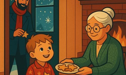 Um menino de 4 anos, rosto redondo, cabelo castanho-claro desgrenhado, olhos brilhantes e sorriso maravilhado, veste pijama vermelho com estrelas douradas, segura um biscoito em forma de estrela e olha pela janela; uma avó (~70 anos) de cabelo branco preso em coque, óculos redondos e sorriso doce, veste um cardigan verde tricotado, sentada junto à lareira oferecendo um prato de biscoitos; um vizinho (~30 anos) aparece brevemente na porta com casaco azul e cachecol vermelho, sorri e recebe um biscoito do menino; interior acolhedor de sala de vila nevada com paredes de madeira clara, grande janela gelada com flocos visíveis, lareira com lenha e luzes douradas, pequena mesa de madeira com canecas de chocolate quente e lata de biscoitos; cena principal: manhã de Natal após ver uma estrela cadente, partilha de biscoitos e alegria comum, luzes quentes, contrastes suaves entre vermelho, verde e dourado, texturas visíveis do tricot, da neve e da madeira, perspetiva ligeiramente em contraponto, composição simétrica com formas geométricas art déco estilizadas, cores saturadas mas suaves, ambiente reconfortante e mágico.