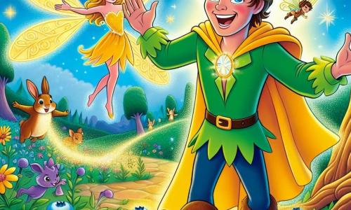 A man named Oliver, around 30 years old, stands center stage with a warm smile on his face. He has bright blue eyes, messy brown hair, and wears a bright yellow cape and green foam boots. Oliver is joyfully singing with open arms, surrounded by magic. Next to him, a small fairy with shimmering wings, about 5 years old, flies in the air. She has golden hair and wears a dress made of flower petals. The fairy smiles and dances around Oliver, leaving a trail of stardust behind her. The setting is an enchanted garden filled with bright bluebells shining in the sun. Majestic trees with golden leaves surround the garden, and animals like velvet rabbits and ladybugs joyfully dance on the flowers. The main scene shows Oliver singing enthusiastically, celebrating the magic of the garden while protecting the glowing crystal at the center, as the fairy and animals cheer him on with their laughter and songs.