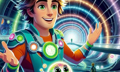 A man named Orion Thorne, around 30 years old, stands at the center of the scene with tousled hair and sparkling green eyes filled with excitement. He wears a colorful spacesuit adorned with futuristic gadgets and has a broad smile, ready to embrace the adventure ahead. Beside him, Luma, a glowing orb-shaped creature, joyfully floats, radiating a soft, colorful light that illuminates Orion's face. The setting unfolds in the vast Nexus chamber, a majestic space filled with shimmering crystals and ancient technologies. Whirling lights create a magical atmosphere as a large central orb pulses with vibrant energy. The main scene depicts Orion with outstretched arms towards the Nexus, channeling the energy of the crystals to fend off a looming shadow at the chamber's entrance. The tension is palpable, and the air is charged with magic and adventure.