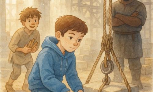 A focused, calm 12-year-old boy named Milo with soft features, short brown hair and dust on his face, wearing a modern blue hoodie, jeans and colorful sneakers kneels to wedge two wooden pegs under a thick rope to stop a falling stone; behind him a mischievous, admiring boy of the same age with messy hair in a simple beige tunic half-crouches holding a bundle of pegs, while a robust, stern but grateful ~45-year-old man with a square beard and a dark, stone-stained tunic stands a few steps away with arms crossed, watching with worry and relief; the setting is a medieval cathedral construction site with unfinished stone arches, dark wooden scaffolding, stacked blocks, pulleys and ropes and golden dust in sunbeams, the scene focused on Milo’s precise, tense action under warm dramatic light.