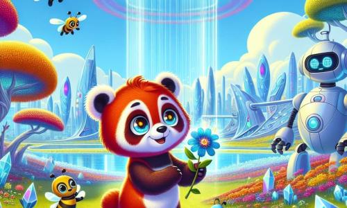 Al centro dell'immagine, un piccolo panda rosso di nome Rino, con un pelo splendente e occhi pieni di curiosità, si trova davanti a un magnifico giardino volante, un sorriso radioso illumina il suo volto. Le sue piccole zampe sono tese verso un raggio di luce che proviene da un fiore blu brillante che ha appena raccolto. A destra, un robot amichevole, dalle forme arrotondate e occhi luminosi, osserva Rino con ammirazione, i suoi bracci meccanici alzati in segno di incoraggiamento. Il giardino volante è sospeso nell'aria, pieno di fiori colorati con petali scintillanti, mentre alberi di cristallo si ergono intorno, riflettendo arcobaleni nel cielo blu chiaro. In secondo piano, la città futuristica di Città Arcobaleno si dispiega con i suoi edifici in vetro dalle forme organiche, creando un paesaggio incantevole. La scena principale mostra Rino mentre pianta il fiore blu nel giardino, circondato da robot e animali che lo applaudono, celebrando così l'armonia tra natura e tecnologia nella loro città magica.
