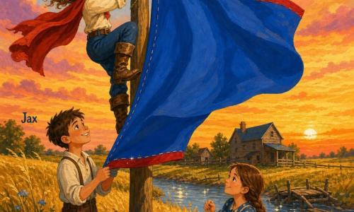 A young woman named Rosie, brave and smiling, wears a large brown hat, a flowing red scarf and shiny boots as she climbs a wooden pole to fix a large bright blue flag; Jax, about 10, with short hair and freckles, stands at the base holding the flag's lower edge, smiling admiringly at Rosie, while Millie, about 9, with braided hair and a polka-dot dress, kneels on the grass sewing the flag, focused and joyful; the flag is vivid blue with visible stitches and a studded red hem; the scene is a golden meadow at sunset with tall grasses, distant wooden houses and a small broken bridge over a sparkling river in the background; composition places Rosie high at the center, Jax and Millie in the foreground looking toward the flag now flying; style: childlike acrylic painting, warm colors, thick textures, visible brushstrokes, gentle heroic mood.