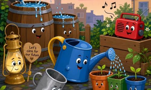A small blue metal watering can is the expressive, smiling main character with a bright yellow handle, a small dent and water droplets on its spout as it gently pours into a flower pot; a compact red radio with a round knob smiles and emits a tiny musical note on a planter to the right; a matte silver tin mug in front tilts to catch a small puddle; a shy warm brass lamp at the rear left holds a small wooden sign with a heart and softly lights the scene; two reclaimed wooden barrels filled with water, one larger, sit at the rear left with silver reflections and droplets falling after a recent rain; small colorful planters (terracotta orange, plastic green and blue) line up before the watering can, each with a simple face and tiny seedlings, happy to receive water; the neighborhood garden after the shower has wet cobbles, dark soil, shiny leaves, patches of moss and a pastel sky with dissipating pink clouds; the moment shows sharing and mutual aid—the watering can teaches gentle watering, companions help collect rainwater and the barrels overflow peacefully, illustrating solidarity in the face of climate change.