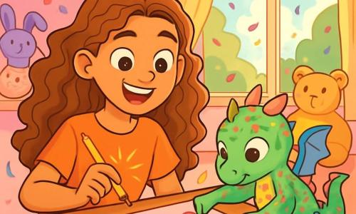 A 12-year-old girl, Valentina, with long curly caramel-colored hair and sparkling joyful eyes, is sitting at a wooden table decorated with colorful papers and glitter. She smiles enthusiastically, holding a pencil that emits sparks. Next to her, a small dragon named Doodle, with candy-like shiny scales and translucent wings, is sticking heart-shaped stickers onto a large card. Their workshop is in a bright room filled with paper heart garlands, colorful plush toys, and open windows letting in golden sunlight. The walls are painted pastel pink, and confetti floats in the air, creating a festive atmosphere. The main scene shows Valentina and Doodle excitedly working together to create a Valentine's surprise, surrounded by laughter and magic, while a gentle breeze makes the heart garlands dance around them.