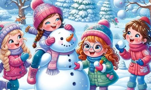Vier Freundinnen im Alter von 8 bis 9 Jahren spielen fröhlich in einem verschneiten Garten. Mia mit braunen, geflochtenen Haaren trägt eine rosa Jacke und eine passende Mütze und rollt einen großen Schneemann. Neben ihr lacht Emma, ein Mädchen mit lockigem, blonden Haar in einem blauen Overall, während sie einen Schneeball auf Lila wirft. Lila, mit roten Haaren und Brille, trägt einen leuchtend grünen Mantel und bereitet sich darauf vor, den Schneeball zu fangen. Schließlich hält Sophie, ein Mädchen mit glatten, kastanienbraunen Haaren und einem roten Schal, eine Karotte für die Nase des Schneemanns. Der Garten ist eine bezaubernde Winterlandschaft mit schneebedeckten Bäumen und einem hellblauen Himmel mit weißen Wolken. Der Boden ist mit einer dicken Schicht unberührten Schnees bedeckt, während sanfte Schneeflocken vom Himmel fallen und die Szene verzaubern. Die vier Freundinnen haben Spaß beim Bau eines Schneemanns und spielen Schneespiele, lachen und bewundern die Schönheit des Winters um sie herum.