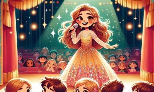 Clara, uma jovem de cabelos longos e ondulados, vestida com um vestido brilhante de cores vivas, está no palco, um sorriso radiante iluminando seu rosto. Seus olhos brilham de emoção enquanto canta fervorosamente, sua voz tocando o coração de cada espectador. Ao seu lado, um grupo de quatro crianças, de 8 a 10 anos, a observa com admiração. João, um menino de cabelos castanhos e olhos brilhantes, aplaude entusiasticamente. Ana, uma menina com tranças douradas, olha para Clara com admiração, as mãos nas bochechas. Miguel, um garoto curioso com óculos redondos, segura um pequeno caderno de esboços, pronto para desenhar. Por fim, Sofia, uma menina tímida de cabelos curtos, fica um pouco atrás, com os olhos brilhando de espanto. O local é um majestoso teatro, com cortinas vermelhas e douradas, luzes cintilantes iluminando o palco e um público cativado sentado em assentos de veludo. A atmosfera está cheia de energia e alegria, criando um ambiente mágico. A cena principal mostra Clara cantando com paixão, compartilhando sua música com o público, enquanto as crianças, deslumbradas, vivem um momento inesquecível, inspiradas pela magia da música.