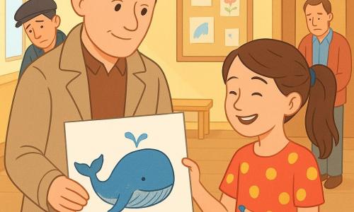 Een vriendelijke geconcentreerde man (detective Milan, rond de veertig, korte bruine haren, licht gekreukte beige jas) overhandigt voorzichtig een grote bladzijde met een in blauw en zilver getekende walvis aan een meisje rechts van hem (Saar, ca. 12, bruine paardenstaart, kleurrijke kledij, klein blauw verfvlekje op een vinger) dat emotioneel glimlacht; op de achtergrond links een man (Niek, ca. 30, pet, beschaamd maar opgelucht, armen gekruist, licht voorover gebogen), achteraan rechts meneer Van Dijk (ca. 45, rood gezicht, aarzelende houding, bij een deur, blik naar beneden); locatie: schoolaula met lichte gele muren, prikborden vol kindertekeningen, lichte houten banken, zacht licht uit grote ramen en lichtbruin parket; hoofdscène: warme plechtige teruggave van teruggevonden tekeningen, kalmerende sfeer, levendige kleuren met blauwe accenten, verlegen glimlachen, centrale compositie rond de uitwisseling, eenvoudige stijl met zuivere lijnen, zachte contrasten en vlakke, kinderlijke vormen.