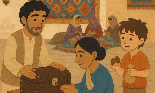Un joven (Amir), de rasgos suaves y cabello negro rizado, sonriente y aliviado, coloca cuidadosamente sobre una mesa baja un pequeño cofre de madera oscura remachado en metal dorado; a la derecha, un niño de unos 8 años, vendedor de higos, con sandalias y pelo despeinado, ofrece tímida y alegremente tres higos secos desde una pequeña bolsa; una mujer adulta (madre de la novia), de unos 40 años, piel oliva y cabello recogido en un moño, se inclina para examinar el brillante cierre del cofre; al fondo varias mujeres adultas cosen junto a un gran paño nupcial geométrico, mientras la escena en un patio empedrado con faroles de vidrio coloreado, alfombras y tentures de motivos moriscos, y una tetera con bandejas de té, transmite un ambiente cálido de entrega exitosa del cofre de dote, generosidad y ternura.