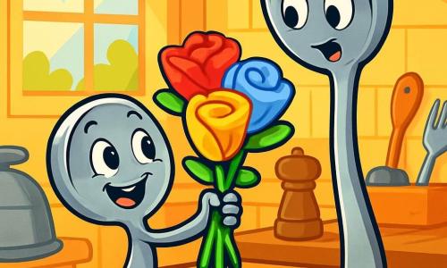 Un pequeño Cucharón, un alegre utensilio de cocina en forma de cuchara, con una brillante sonrisa y ojos chispeantes, sostiene un hermoso ramo de servilletas de colores en forma de flores, irradiando orgullo y emoción. A su lado, la Gran Cucharón, una cuchara majestuosa con un largo mango plateado y ojos dulces, muestra una expresión de sorpresa y felicidad, mirando a su hijo con ternura. La escena tiene lugar en una cocina soleada, donde la luz dorada se filtra a través de una ventana, iluminando una mesa de madera rústica cubierta de varios utensilios de cocina y flores. Cucharón presenta su regalo a su mamá, creando un momento cálido y emotivo, lleno de alegría y amor por el Día de la Madre.