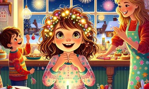 Una niña de 11 años, Valentina, está en el centro de la escena, con grandes ojos brillantes y una amplia sonrisa. Tiene el cabello rizado y marrón, adornado con una corona de luces, y lleva un vestido colorido con estampados de copos de nieve. Valentina sostiene un pequeño llavero en forma de estrella, mirando con asombro el cielo estrellado a través de la ventana. A su derecha, su madre, una mujer de unos 35 años con cabello lacio y largo, lleva un delantal colorido y prepara pasteles en la mesa mientras sonríe tiernamente a Valentina. A la izquierda, su hermano pequeño Lucas, de 6 años, con cabello rubio desordenado y un suéter rojo, se divierte lanzando confeti al aire y riendo. La escena tiene lugar en una cocina acogedora, decorada con guirnaldas brillantes y globos coloridos, con una gran mesa de madera en el centro, llena de deliciosos platos y decoraciones festivas. Fuera, se pueden ver fuegos artificiales iluminando el cielo nocturno, añadiendo un toque de magia a la atmósfera. La situación principal muestra a Valentina, asombrada por el llavero en forma de estrella, rodeada de su familia, lista para celebrar el Año Nuevo con amor y alegría, mientras las risas y el calor de la fiesta llenan la habitación.