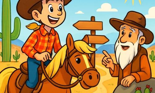 Un giovane cowboy, Sam, un uomo di circa 20 anni con un ampio sorriso e occhi brillanti di eccitazione, indossa un grande cappello da cowboy usurato e una camicia a quadri rossa. È seduto sul suo cavallo, Fulmine, un magnifico mustang dai crini dorati, che sembra pronto a galoppare. Sam guarda un sentiero davanti a sé, il viso illuminato dall'avventura. Nelle vicinanze, un vecchio saggio, un uomo di 60 anni con una lunga barba bianca e un cappello di pelle, osserva Sam con uno sguardo benevolo. Si trova vicino a una roccia, circondato da cactus e fiori selvatici, offrendo consigli sulla strada da seguire. Il paesaggio è una vasta pianura arida, punteggiata da cactus giganti e colline ondulate, sotto un cielo blu splendente dove il sole brilla intensamente. In lontananza, maestose montagne si ergono, creando un'atmosfera di mistero. La situazione principale mostra Sam esitante nella scelta del suo cammino a un incrocio, il cuore che batte d'eccitazione e apprensione, pronto a intraprendere un'incredibile avventura alla ricerca della misteriosa Valle d'Oro.