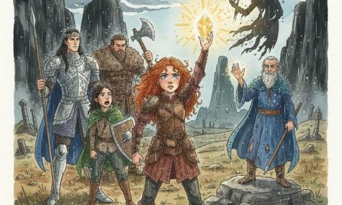 Kaelin stands center, determined and illuminated, curly red hair plastered by rain, storm-blue eyes, worn brown leather armor, right hand raising a golden crystal that lights her face; behind-left, King Thalion, tall with long black hair and silver dragon-engraved armor, holds a spear, slightly withdrawn in support; to the right, elder wizard Eldrin with gray beard and starry blue robe stands on a raised stone, palm up as glowing runes float around him; near Kaelin, teenage friend Elara with dark hair and a soaked green cloak shouts encouragement while holding a scratched shield; behind them, mountain chieftain Kaldor, massive in fur cuirass, rests an axe on his shoulder, stern but battle-ready; the scene is the Shadow Valley: a muddy rocky plateau with black cliffs, swirling clouds, distant lightning, trampled grass and ruined silhouettes; action: a heroic confrontation as Kaelin’s crystal projects a golden beam and sparks that force the Dark Lord’s torn shadow to recoil while allies surround her with weapons raised, fine rain catching white gel-pen highlights on drops and the crystal; palette and style: soft watercolor in earthy browns, moss greens and storm blues with golden accents for the crystal, dark contrasts for the shadow, granular textures, delicate outlines and white highlights for reflections and rain.