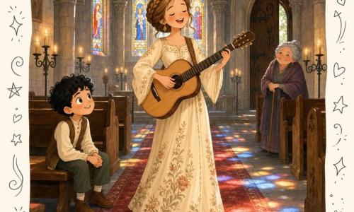 Mujer cantante de rostro luminoso y suave sonrisa, ojos cerrados, de pie en el centro tocando una guitarra de madera clara, vestida con un vestido fluido color crema con motivos florales y el cabello castaño claro trenzado en corona; un niño de unos 8 años de rizos negros la mira maravillado sentado en el primer banco a la izquierda con las manos en las rodillas; una mujer mayor de unos 70 años con el cabello gris recogido en un moño sonríe apoyada en un bastón junto a la puerta trasera; el interior de la abadía es amplio con bóvedas de piedra gris y grandes vitrales que proyectan manchas rojas, azules y amarillas sobre el suelo de piedra, filas de bancos de madera envejecida, candelabros de hierro con velas encendidas y una alfombra roja gastada; la cantante está iluminada por un cálido resplandor de velas, con notas musicales flotando a su alrededor y una atmósfera pacífica y mágica.