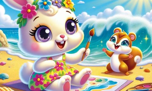 Lila, una pequeña coneja con grandes orejas y suave pelaje blanco, está sentada en la arena dorada de la playa, con una gran sonrisa en su rostro. Lleva un bonito vestido de flores coloridas y sostiene un pincel en una pata, lista para pintar un cuadro del mar brillante frente a ella. A su lado, Sofi, una pequeña ardilla con ojos brillantes y pelaje marrón, trepa por una roca, riendo y agitando una pequeña paleta de pintura. Ella parece entusiasta y curiosa, lista para unirse a Lila en su aventura artística. El lugar es una playa soleada, con suaves olas rompiendo en la orilla, conchas coloridas esparcidas por la arena y un cielo azul claro salpicado de algunas nubes blancas y esponjosas. La situación principal muestra a Lila y Sofi creando juntas una obra de arte inspirada en la belleza del verano, rodeadas de risas y colores vivos, simbolizando la amistad y la creatividad.