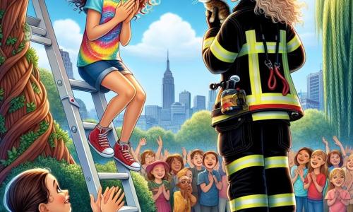 Eine mutige Feuerwehrfrau, Lena, steht oben auf einer Leiter mit einem großen Lächeln im Gesicht. Sie trägt eine rot-schwarze Feuerwehruniform und einen glänzenden Helm und hält ein kleines Kätzchen in ihren Armen, das sie zärtlich ansieht. Neben ihr schaut ein zehnjähriges Mädchen, Mia, mit braunen, lockigen Haaren und einem bunten T-Shirt, fasziniert vom Boden aus zu. Ihre Augen strahlen vor Aufregung, während sie Lenas Tapferkeit applaudiert. Die Szene spielt sich unter einem großen Baum in einem Park ab, mit leuchtend grünen Blättern und einem sonnigen blauen Himmel. Menschen versammeln sich darum, einige lächeln, andere machen Fotos und schaffen eine fröhliche, festliche Atmosphäre. Lena rettet ein kleines Kätzchen, das in einem Baum feststeckt, und die Situation ist voller Emotionen und Adrenalin, was den Mut und die Entschlossenheit der Feuerwehrleute verdeutlicht.