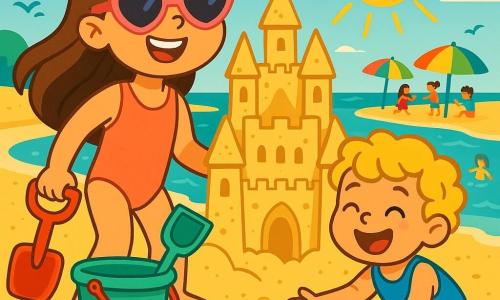 An 8-year-old girl with long brown hair and pink sunglasses smiles enthusiastically while holding a bucket and a shovel, ready to build a huge sandcastle. Next to her, her little brother Max, a 4-year-old boy with curly blonde hair and a blue swimsuit, laughs as he tries to collect colorful seashells. In the background, the beach is bathed in bright sunlight, with sparkling waves and colorful umbrellas. Families are playing in the sand, and children are splashing in the turquoise water. The scene captures the joy and excitement of a perfect summer day at the beach, full of adventures and laughter.
