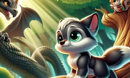 En el centro de la imagen, Luno, un pequeño lobo de pelaje suave y brillante, con ojos llenos de curiosidad y determinación, se encuentra en una rama de un gran árbol. Muestra una expresión de coraje, listo para enfrentar lo desconocido. A su derecha, Chispa, una pequeña ardilla de ojos vivos y cola esponjosa, mira a Luno con admiración y una ligera sonrisa, mostrando su apoyo. Está posada en otra rama, lista para saltar a su lado. A la izquierda, Garras, un dragón gigante de escamas brillantes y alas majestuosas, se presenta con una postura imponente pero amistosa. Sus ojos, aunque grandes e intimidantes, expresan tristeza mientras observa a Luno con esperanza. El escenario es un bosque mágico, con árboles inmensos de troncos retorcidos y hojas de un verde brillante. Rayos de luz filtran a través del follaje, iluminando el camino sinuoso que lleva a un viejo árbol de ramas torcidas, donde se esconde un tesoro brillante. La situación principal muestra a Luno, Chispa y Garras unidos en su búsqueda del cristal perdido, con un espíritu de aventura palpable en el aire, mientras una sombra misteriosa se perfila en el fondo, lista para ser confrontada.