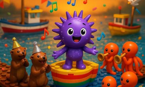 Um pequeno ouriço-do-mar roxo em LEGO, espinhos brilhantes, olhos grandes e sorriso, canta entusiasmado em pé num barco pintado em arco-íris; um grupo de polvos músicos em LEGO, tentáculos laranja tocando trombetas douradas e tambores coloridos, toca ao lado; lontras em LEGO, com chapéus brilhantes, aplaudem e engraxam os chapéus no cais à esquerda; pequenos peixes saltadores em LEGO fazem salpicos na proa e gaivotas em LEGO voam acima com fitas; cenário de um porto de recreio em LEGO ao crepúsculo, cais de tábuas, barcos coloridos com bandeirolas e balões, confetes e reflexos dourados na água; cena de carnaval em que o ouriço canta o nome de sua trupe diante de uma multidão alegre.