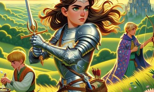 Uma jovem cavaleira, Elena, está orgulhosamente no topo de uma colina verdejante, sua armadura brilhando sob o sol dourado. Seus longos cabelos castanhos flutuam ao vento, e seu rosto expressa uma determinação ousada, com olhos cintilantes de coragem. Ela empunha uma espada reluzente, pronta para defender seu reino. Ao seu lado, Cedric, um garoto de 15 anos, é um habilidoso arqueiro com cabelos loiros e olhos vivos. Ele ajusta seu arco, concentrado, observando o horizonte com expressão vigilante. Um pouco atrás, Lira, uma jovem de 14 anos com cabelos negros e vestidos coloridos, prepara poções em uma pequena bolsa, seu olhar sábio e atento. O cenário é uma vasta extensão de colinas verdes, salpicadas de flores silvestres vibrantes e árvores majestosas. Ao fundo, a fortaleza de Pedra Audaz se ergue orgulhosamente, suas paredes de pedra cinza contrastando com o céu azul. A cena principal mostra Elena, pronta para partir em uma aventura, determinada a encontrar o Coração do Leão para proteger seu reino, cercada por seus fiéis companheiros, todos unidos por um mesmo objetivo.