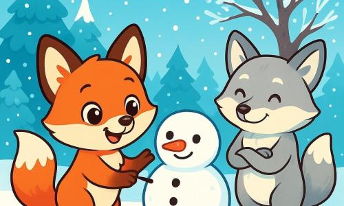 Um pequeno raposo de pelos ruivos e macios, com olhos brilhantes de curiosidade, brinca na neve. Ele tem um sorriso alegre e orelhas em pé, enquanto deixa pequenas pegadas na neve cintilante. Perto dali, uma velha raposa de pelagem prateada, com olhos sábios e bondosos, observa seu neto com um olhar orgulhoso e caloroso. Ela está ao lado de uma árvore coberta de geada, com os braços cruzados e um sorriso terno no rosto. O local é uma clareira encantada, iluminada pela suave luz de um céu azul claro, onde flocos de neve caem lentamente. Alguns majestosos pinheiros, carregados de neve, cercam a cena, criando uma atmosfera mágica. O pequeno raposo constrói um boneco de neve, usando um pequeno graveto para dar uma forma divertida, enquanto a velha raposa o incentiva com palavras doces, criando um momento de cumplicidade alegre entre eles.