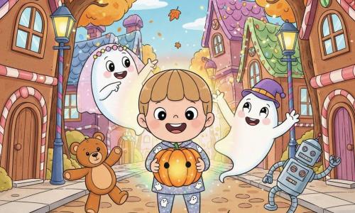 Four-year-old Benny, radiant and wide-eyed with short light brown hair and an open smile, wears a sparkling Halloween costume with tiny ghosts and pumpkins and holds a magical pumpkin glowing with soft orange light. To his right floats Gilly, a joyful translucent white ghost with a funny purple hat waving, and behind him a friendly ghost named Willa with a pale pink veil and twinkling lights points at the pumpkin. Nearby toys dance: a caramel teddy spinning and a shiny silver robot moonwalking on the sidewalk by a chocolate house. The scene is an enchanted Halloween street of gingerbread and chocolate houses, candy-colored roofs, trees strung with lights, candy-shaped lampposts and drifting orange leaves. Benny discovers the magical pumpkin at the center of illuminated pumpkins; an orange, multicolored halo radiates as everyone watches joyfully in a warm, festive atmosphere with vivid colors and candy-like textures.