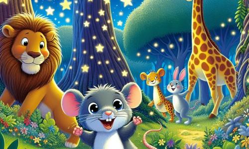 Un piccolo ratto di nome Rocco, con il pelo grigio e occhi brillanti di curiosità, si trova al centro della scena, sorridendo con entusiasmo mentre esplora una foresta magica. Accanto a lui, Leo il leone, con la sua criniera dorata e un'aria un po' assonnata, guarda Rocco con un sorriso divertito, mentre Gina la giraffa, alta ed elegante, si piega per ammirare le stelle scintillanti tra le foglie. La foresta è piena di alberi giganteschi dai tronchi spessi, le cui foglie brillano come stelle, e fiori colorati punteggiano il terreno. La scena principale mostra Rocco e i suoi amici che ballano gioiosamente con coniglietti che cantano intorno a loro, creando un'atmosfera festosa e magica sotto la luce della luna.